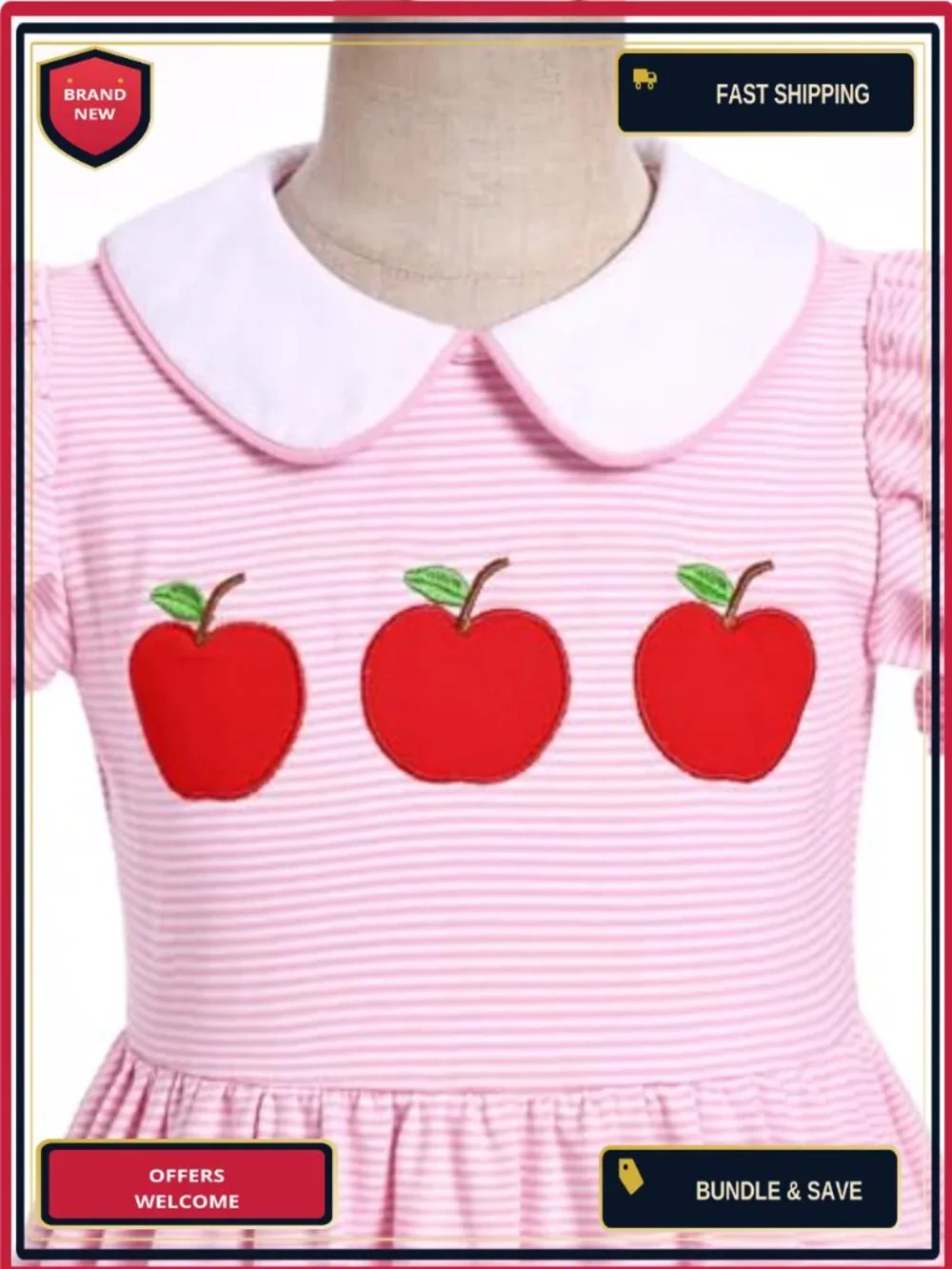 Kids Girls Back to School Ruffle Dress, Cotton, Crew Neck, Cap Sleeve, Button